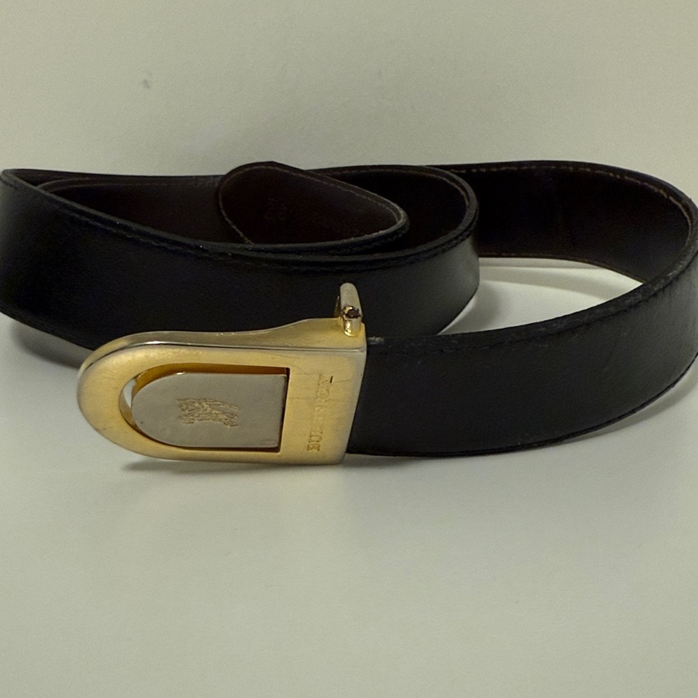 Burberry Black Leather Belt with Gold and Silver Buckle